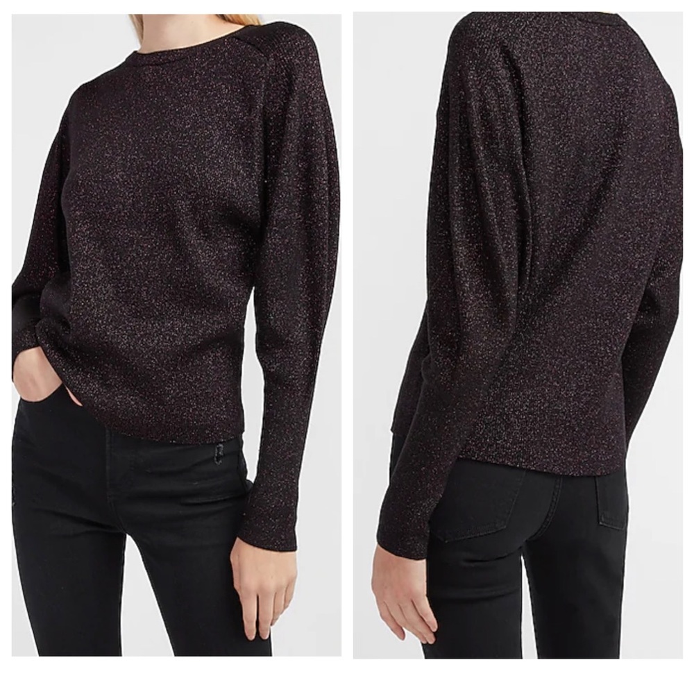 NWT LOFT Black Gold Metallic Sparkle Crew Neck Puff Sleeve Knit Sweater Sz Small